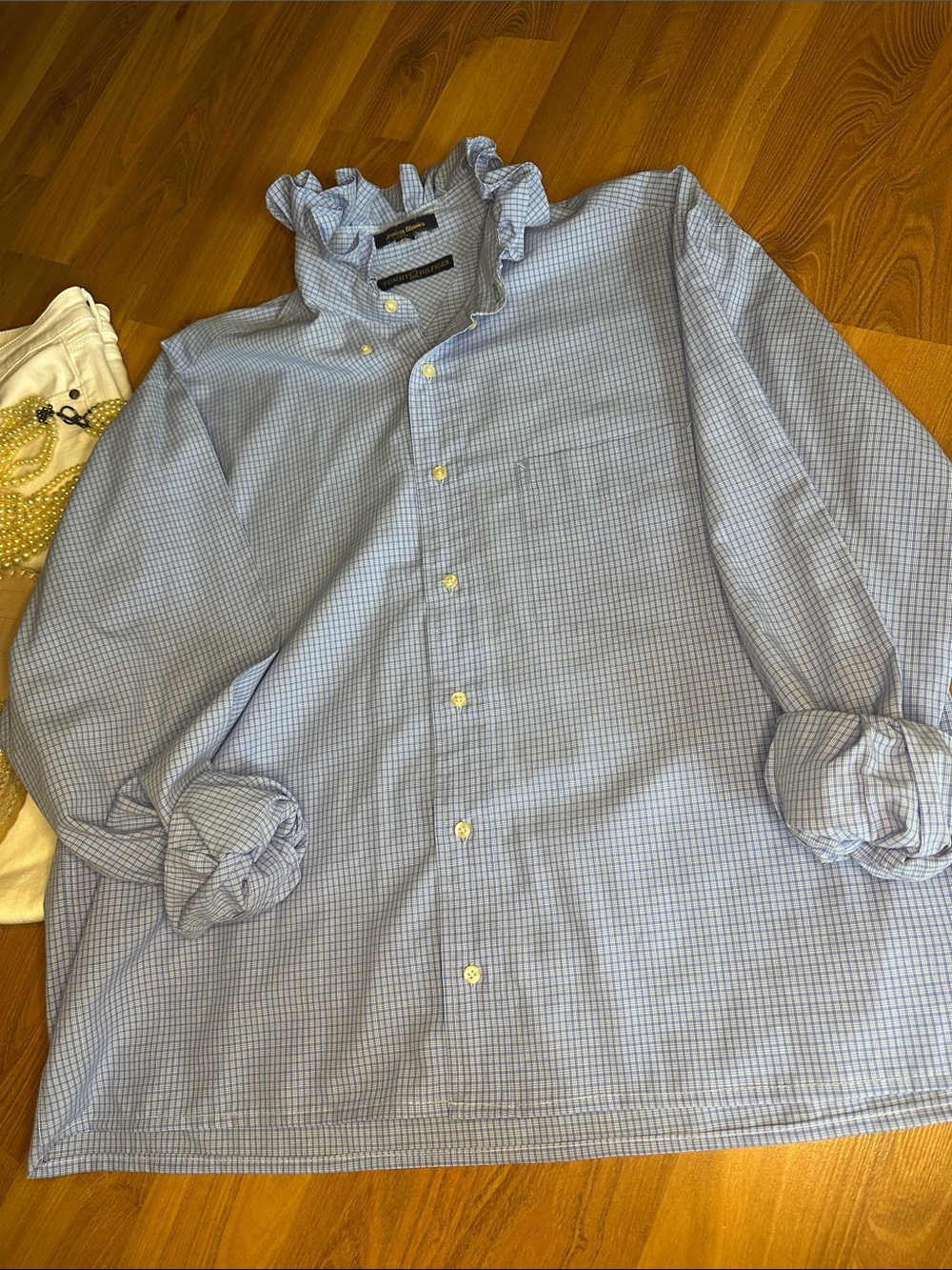 Tommy Hilfiger Light Blue Checked Ruffle-Collar Button-Down Shirt